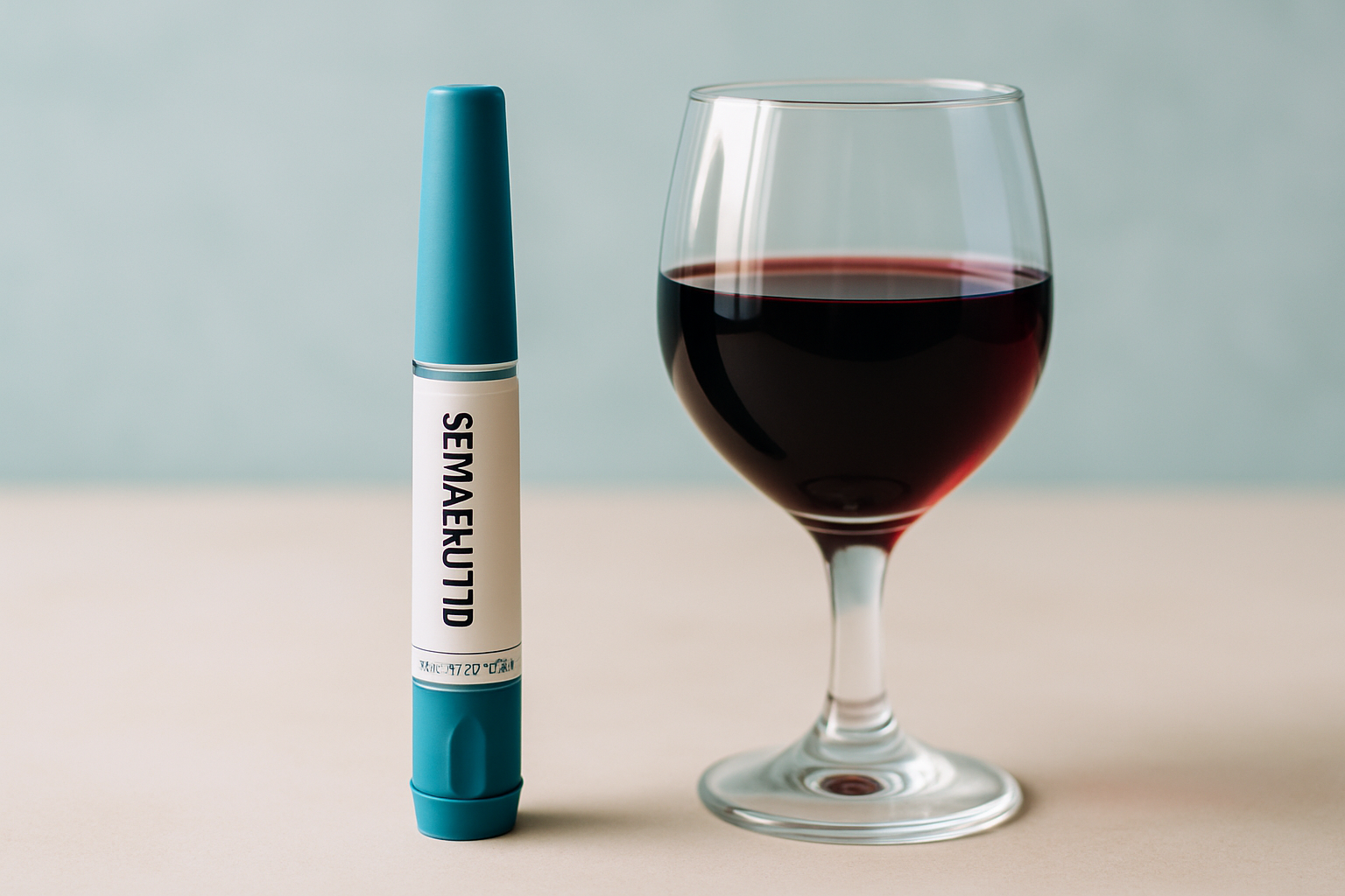 Glas mit Alkohol und Semaglutid-Medikament symbolisieren die Verträglichkeit